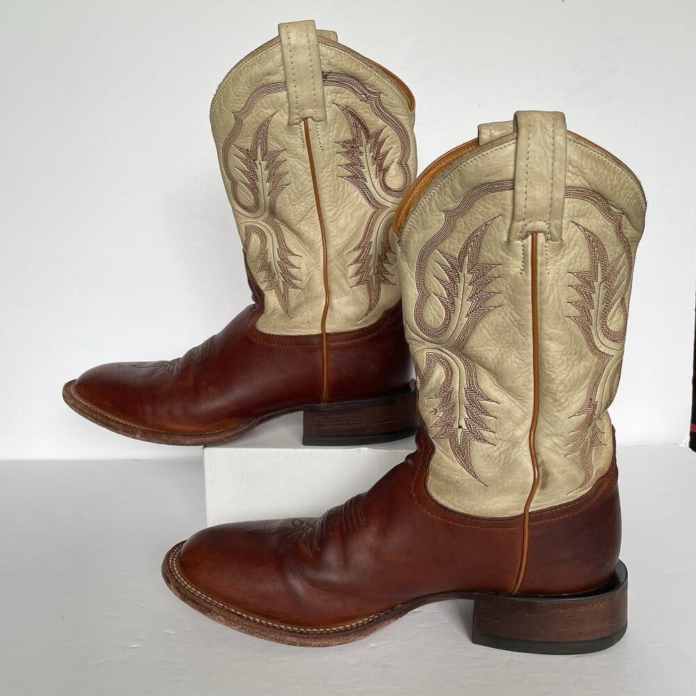 Vintage Tony Lama Roper Cowboy Boots Men’s 8.5 D Brown & Cream Leather USA Made - Picture 3 of 16